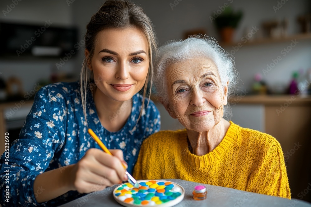 Elderly woman painting her nails with her caregiver’s assistance enjoying the small luxury of self-care in her familiar surroundings Elderly woman painting her nails with her caregiver’s assistance enjoying the small luxury of self-care in her familiar surroundings