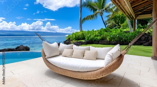 A relaxing hammock reading scene in a tropical paradise, with the soft rustle of palm trees in the breeze. The reader, tucked away in a shaded spot, enjoys the warmth of the sun while lost in  photo