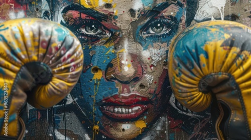 Wallpaper Mural Close-up of boxing gloves with Paris street art in the background, boxing match Torontodigital.ca