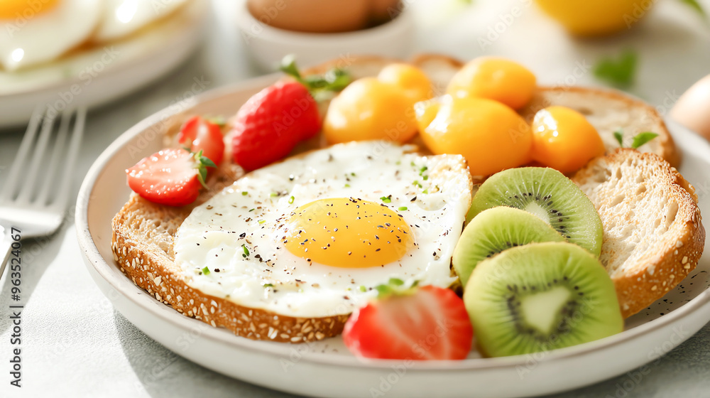 Breakfast spread with eggs, toast, and fruit, Monday morning, healthy and delicious Breakfast spread with eggs, toast, and fruit, Monday morning, healthy and delicious