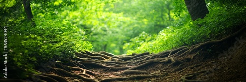 A serene woodland ravine with a network of intertwining tree roots leading to a lush green forest, symbolizing nature's resilience, interconnectedness, and the passage of time. photo