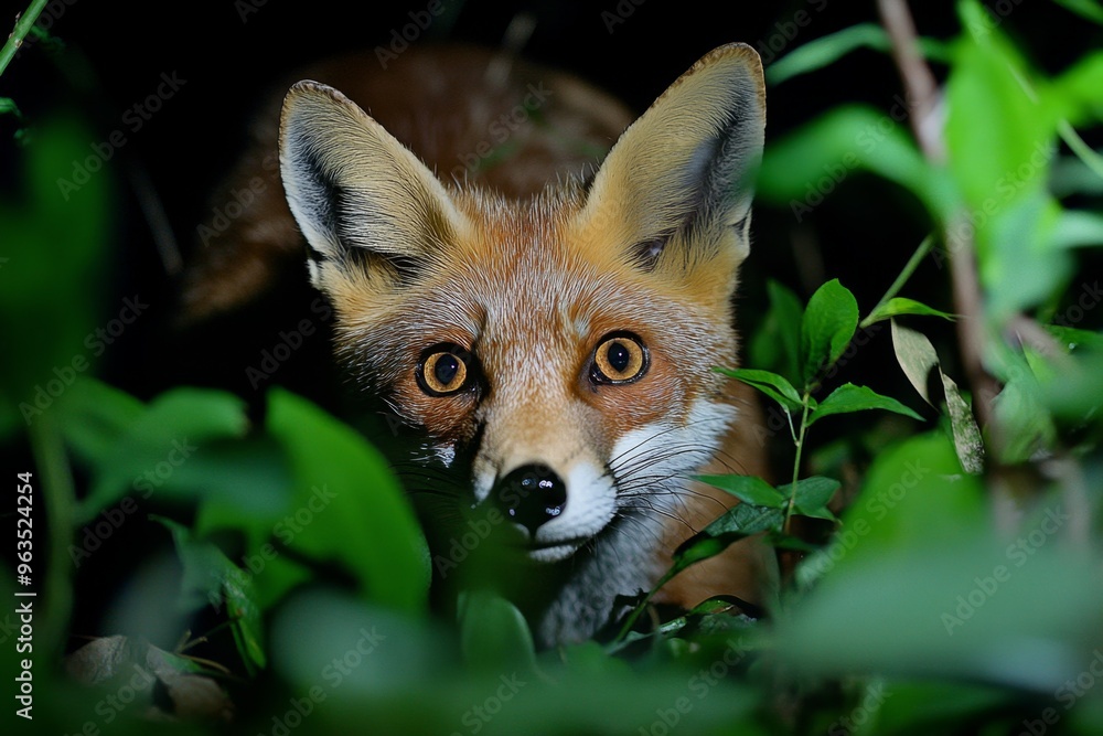 Fototapeta premium Fox sneaking through the underbrush, drawn to the smell of food near the campersâ€™ tents, moving silently under the moonlight