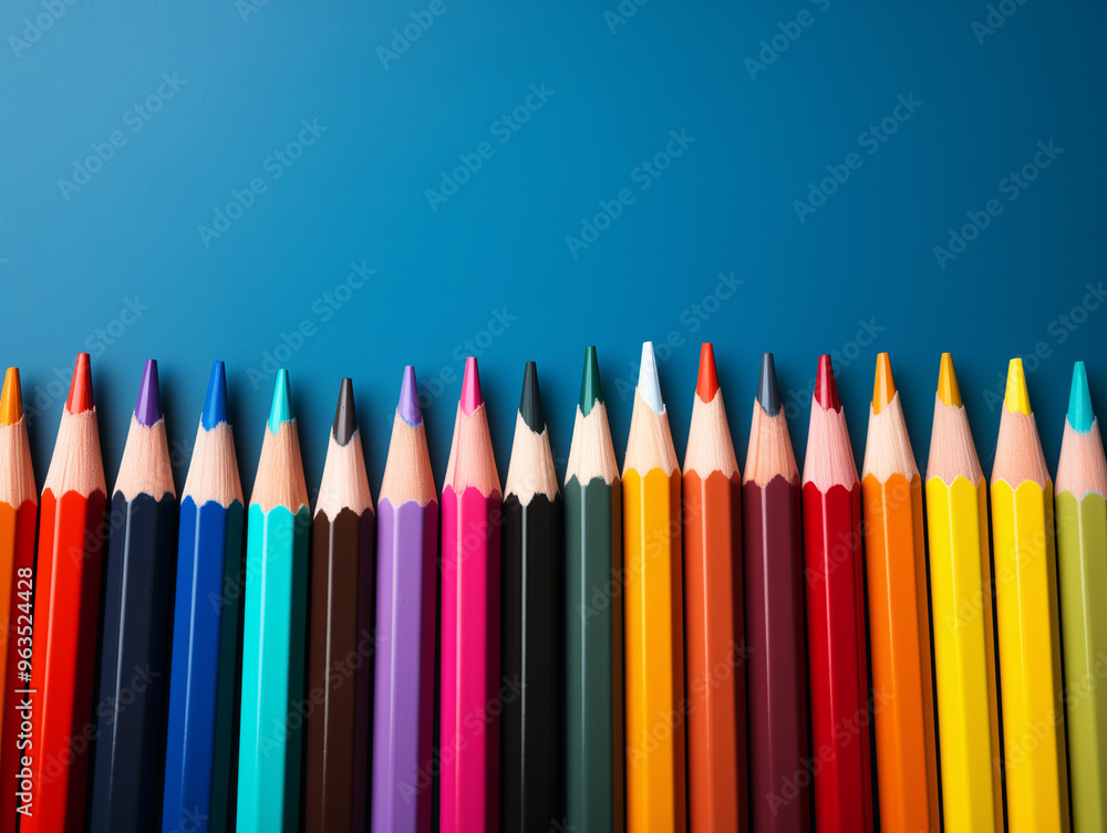 Vibrant colored pencils in rainbow arrangement against blue background with copy space Vibrant colored pencils in rainbow arrangement against blue background with copy space