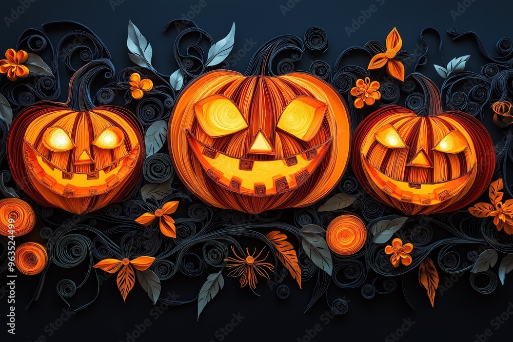 Halloween Banner with Glowing Jack-o'-Lantern Faces in Intricate Paper Quilling Style Halloween Banner with Glowing Jack-o'-Lantern Faces in Intricate Paper Quilling Style