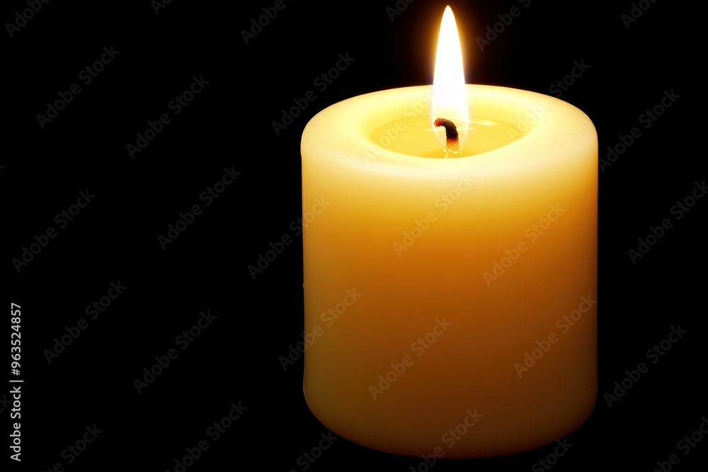 Single candle burning in the dark, casting a soft and warm glow on a black background. Single candle burning in the dark, casting a soft and warm glow on a black background.