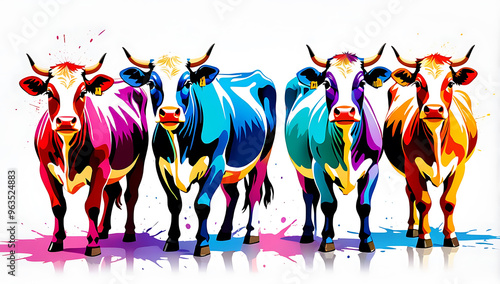 Fototapeta Naklejka Na Ścianę i Meble -  four cow each painted in a different array of bright, rainbow colors, with splashes of paint surrounding them, adding a dynamic and artistic feel