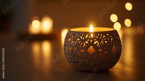 An elegant candleholder with a flickering flame, providing a warm, inviting atmosphere for dimly lit rooms.