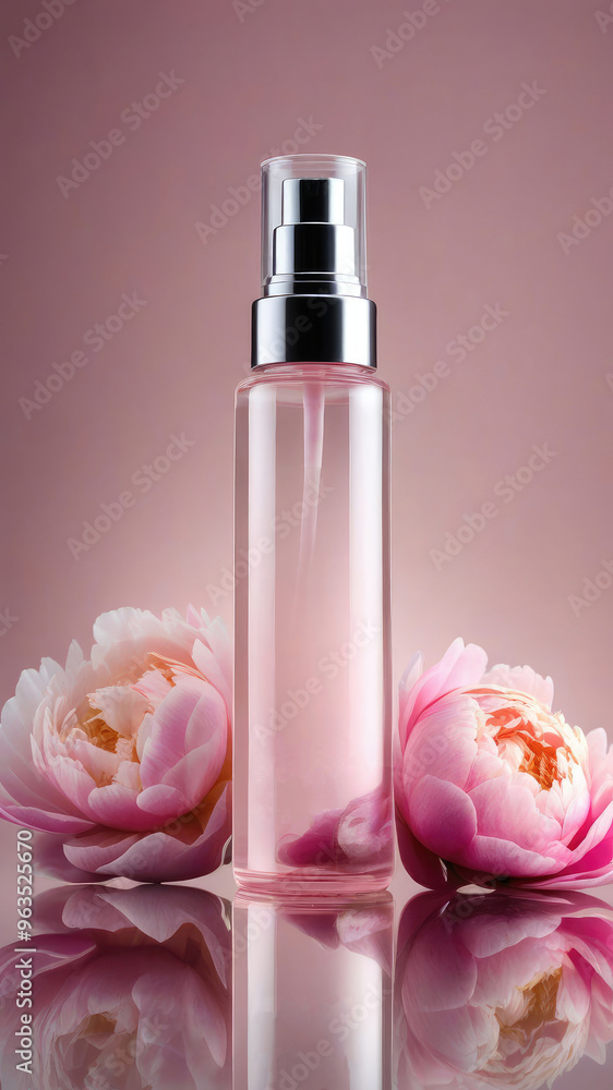 Mock up serum essence or any beauty product from natural ingredients, placed on mirrored glass, a reflective pink surface, surrounded peony rose. Mock up serum essence or any beauty product from natural ingredients, placed on mirrored glass, a reflective pink surface, surrounded peony rose.