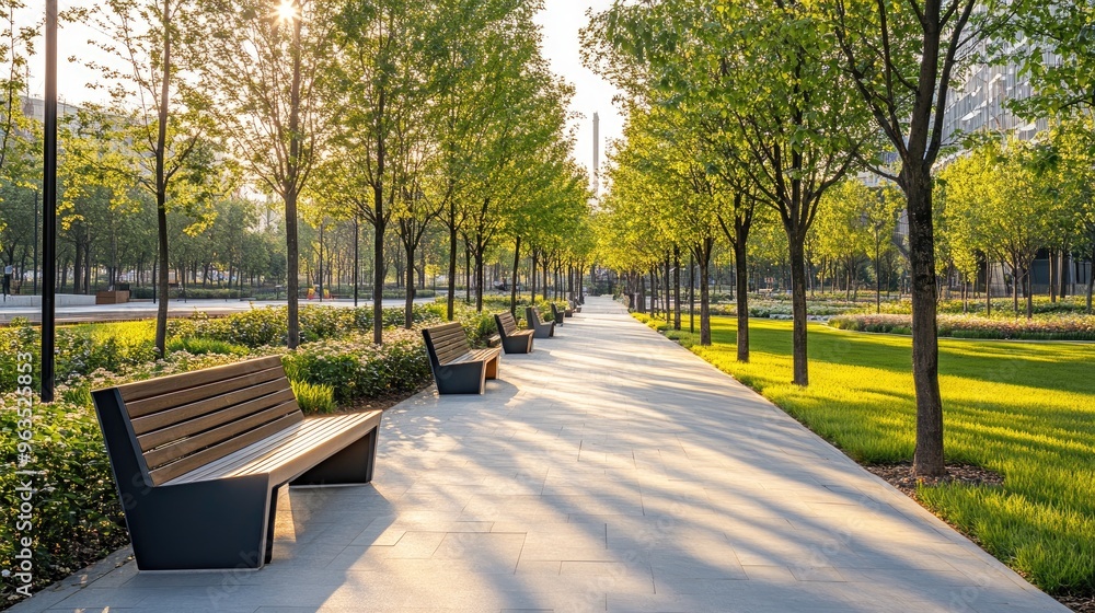 A Sunny Path Through a Park Lined With Benches and Trees A Sunny Path Through a Park Lined With Benches and Trees