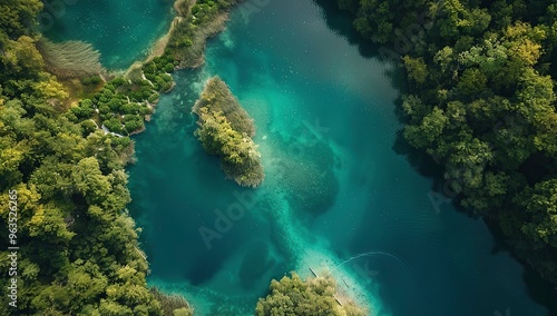 Beautiful aerial view of the Plitvice Lakes National Park and surrounding forest