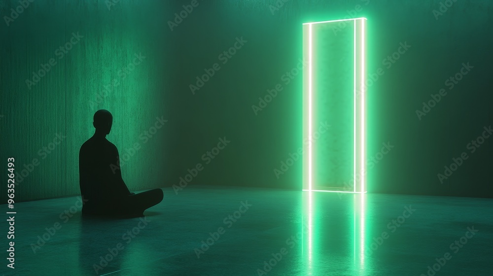 A solitary figure sits in a minimalist room bathed in a vibrant green glow. A glowing neon doorway stands opposite, symbolizing opportunity, transition, or the unknown. The image evokes themes of cont A solitary figure sits in a minimalist room bathed in a vibrant green glow. A glowing neon doorway stands opposite, symbolizing opportunity, transition, or the unknown. The image evokes themes of cont