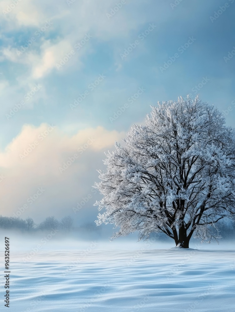 A solitary snow-covered tree stands tall in a serene winter landscape, its branches reaching towards a soft blue sky. The snow-covered ground stretches out in a vast, peaceful expanse, creating a sens A solitary snow-covered tree stands tall in a serene winter landscape, its branches reaching towards a soft blue sky. The snow-covered ground stretches out in a vast, peaceful expanse, creating a sens