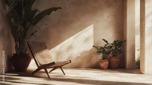 Minimalist Patio with a Wicker Chair and Plants