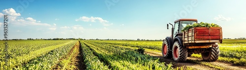 A vibrant tractor in a lush green field under a clear blue sky, showcasing the beauty of agriculture and farming life.