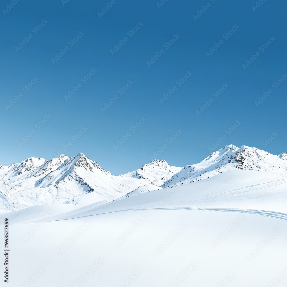 Snow-covered mountains with a clear blue sky, realistic and breathtaking scenery for promotion Snow-covered mountains with a clear blue sky, realistic and breathtaking scenery for promotion