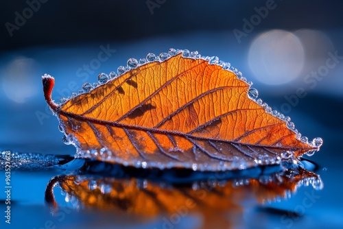 Macro photo of a leaf covered in frost, icy crystals sparkling like diamonds, turning something ordinary into something magical photo