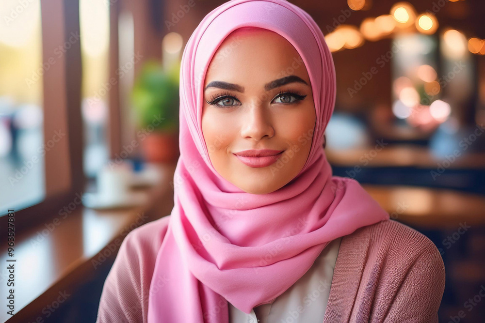 Portrait of a happy smiling young Arab Muslim woman wearing pink hijab in a cafe Portrait of a happy smiling young Arab Muslim woman wearing pink hijab in a cafe