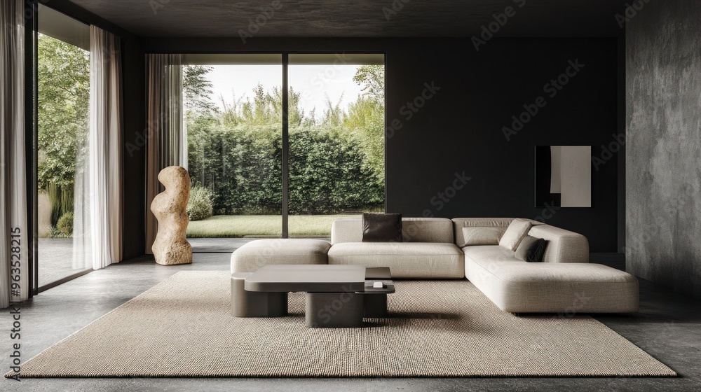 Modern Living Room with Sectional Sofa and Garden View Modern Living Room with Sectional Sofa and Garden View