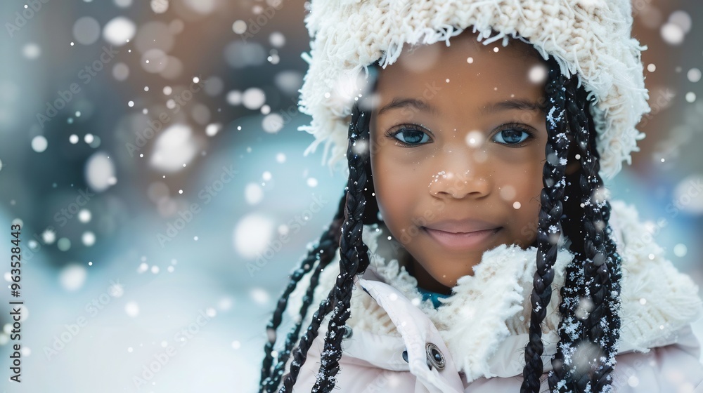 Young girl with braided hair and a white fur hat in snowy weather Young girl with braided hair and a white fur hat in snowy weather