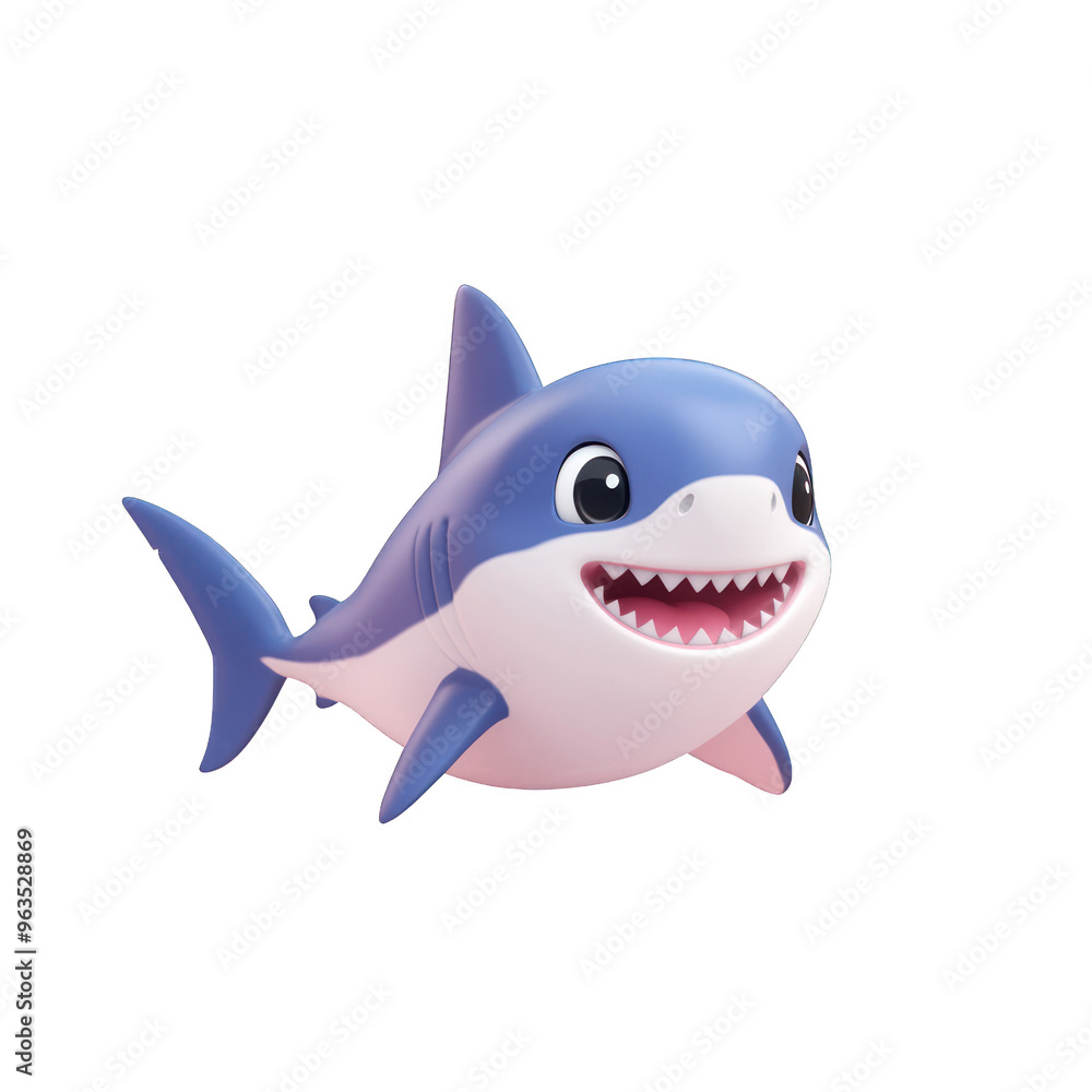 A cheerful cartoon shark with a big smile, perfect for children's illustrations and storytelling. 3d render A cheerful cartoon shark with a big smile, perfect for children's illustrations and storytelling. 3d render