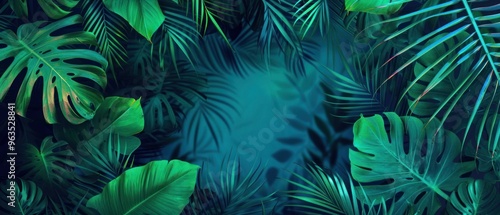 Lush Tropical Foliage Frame with Teal Background