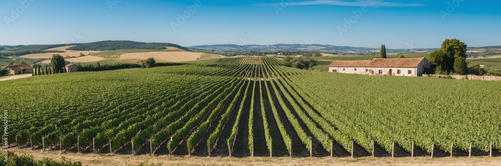 Rolling Vineyards at Sunrise: Rural Countryside with Farmhouses and Blue Skies Rolling Vineyards at Sunrise: Rural Countryside with Farmhouses and Blue Skies