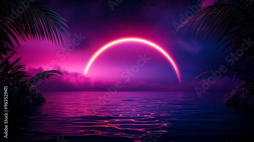 A vibrant neon sunset over a tropical sea, with palm trees silhouetted against the glowing pink sky.  The scene evokes a sense of calm, mystery, and the beauty of nature. photo