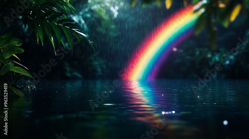 A vibrant rainbow arcs over a dark, still body of water in a lush tropical jungle. Rain falls softly, creating a serene and mystical atmosphere. The scene symbolizes hope, renewal, and the beauty of n