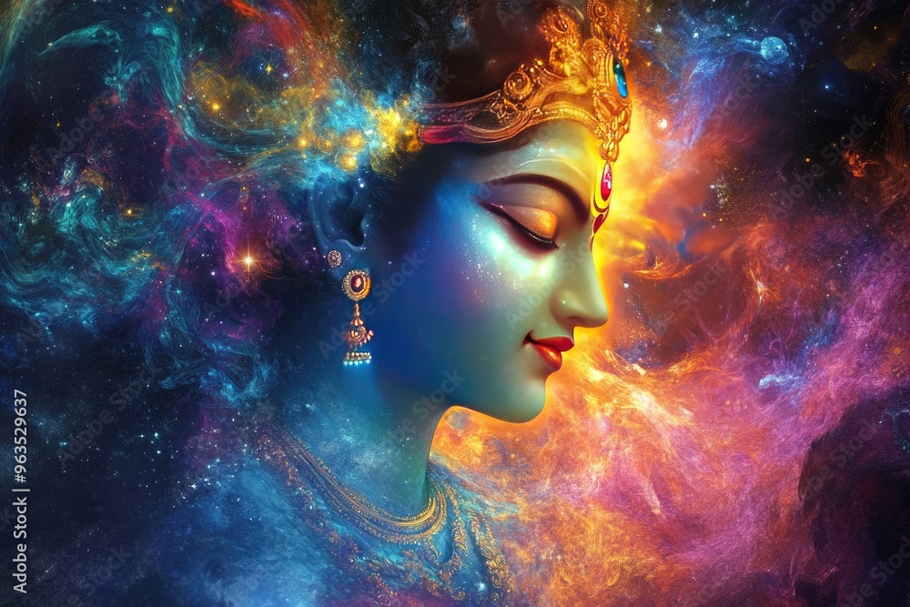 Lord Krishna depicted as Vishwaroop( cosmic form) showing the universe within him, with a radiant aura Lord Krishna depicted as Vishwaroop( cosmic form) showing the universe within him, with a radiant aura