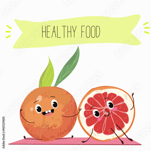 Funny fruity grapefruit characters. Comic elements, hand drawn style. Vector illustration for stickers, posters, prints. Funny fruits.