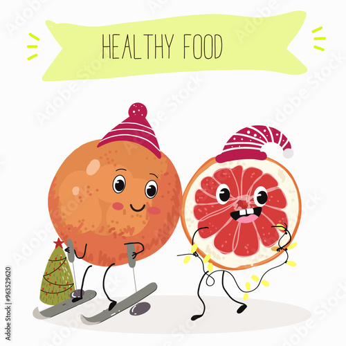 Funny fruity grapefruit characters. Comic elements, hand drawn style. Vector illustration for stickers, posters, prints. Funny fruits.