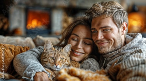 A couple relaxing together with their cat in a cozy living room
 photo