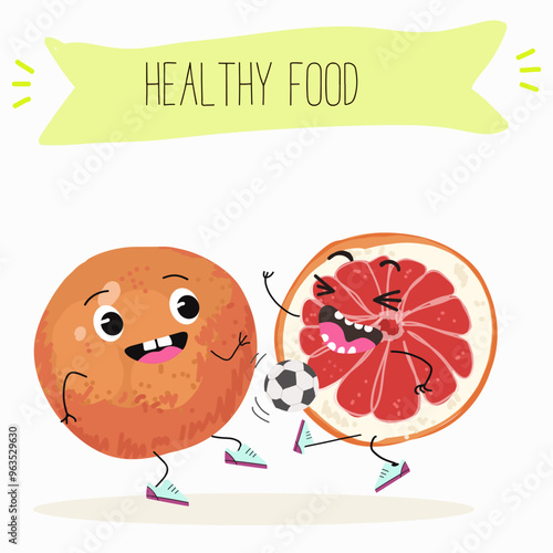 Funny fruity grapefruit characters. Comic elements, hand drawn style. Vector illustration for stickers, posters, prints. Funny fruits.