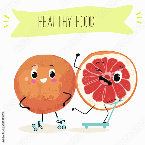 Funny fruity grapefruit characters. Comic elements, hand drawn style. Vector illustration for stickers, posters, prints. Funny fruits.