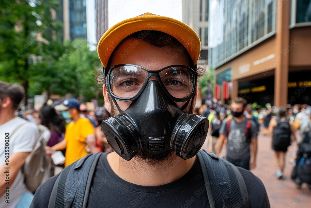 Masked man blending into a protest his face obscured by a gas mask, part of a crowd yet set apart by his mission Masked man blending into a protest his face obscured by a gas mask, part of a crowd yet set apart by his mission