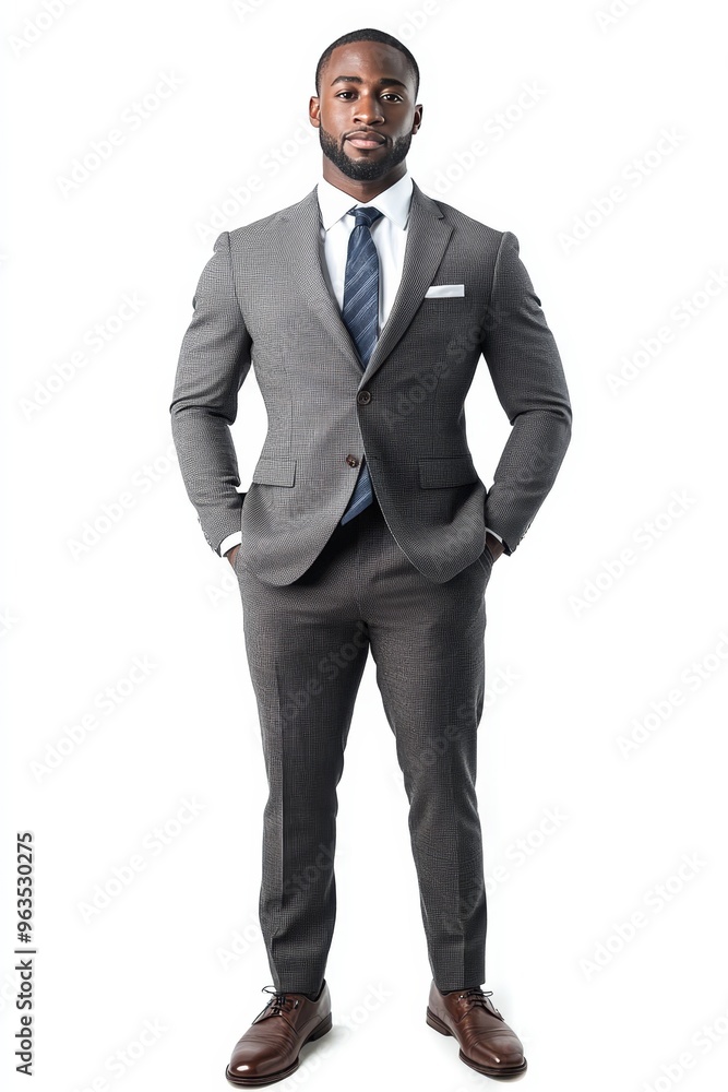 A full-body shot of an African American man in a formal suit, confidently standing against a white background. A full-body shot of an African American man in a formal suit, confidently standing against a white background.