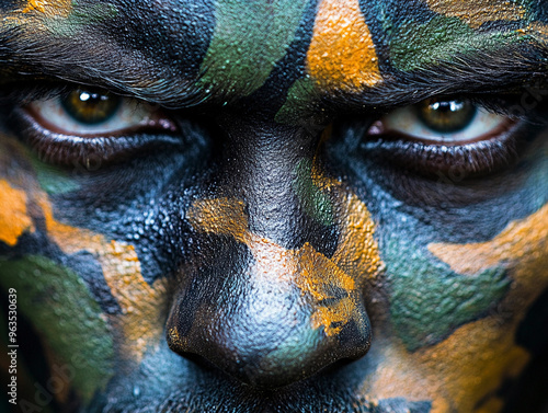 military camouflage face paint, vivid greens, browns, and blacks applied in irregular patterns across the face of a soldier