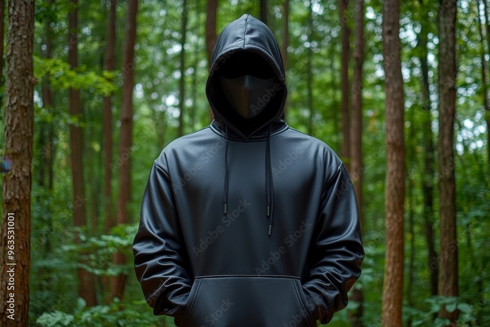 Masked man standing at the edge of a forest waiting for a signal, his face hidden beneath a dark hood Masked man standing at the edge of a forest waiting for a signal, his face hidden beneath a dark hood