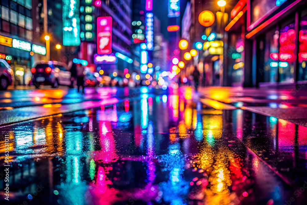 Obraz premium A city street at night with neon lights and reflections on the wet pavement. Scene is vibrant and energetic, with the neon lights and reflections creating a sense of movement and excitement