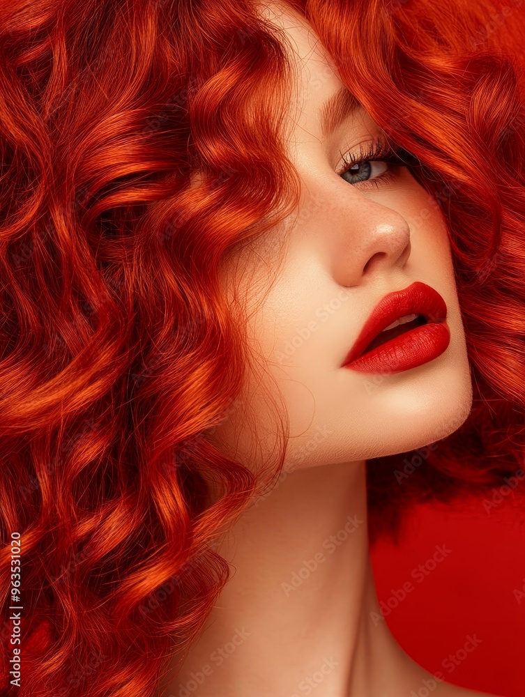 Fototapeta premium A woman with warm, rich, and vibrant vintage red hair color, styled in loose curls, showcases a captivating look. Her bright red lipstick complements the fiery hair, highlighting her striking features