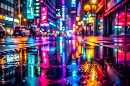 Wallpaper Mural A city street at night with neon lights and reflections on the wet pavement. Scene is vibrant and energetic, with the neon lights and reflections creating a sense of movement and excitement Torontodigital.ca
