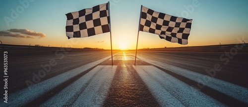 Checkered Flags at the Finish Line of a Race Track at Sunset photo