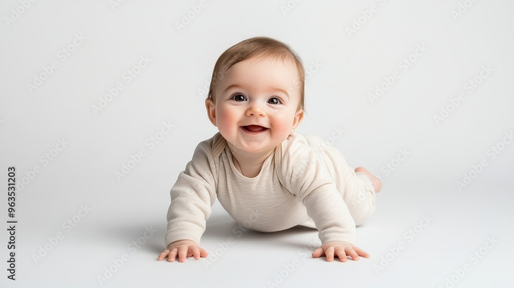 A joyful baby, around eight months old, is crawling on a clean white background, showcasing a happy and playful expression. A joyful baby, around eight months old, is crawling on a clean white background, showcasing a happy and playful expression.