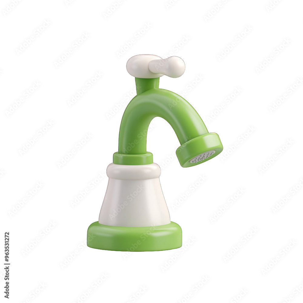 A colorful cartoon faucet with a green and white design, ideal for children's bathroom themes or playful interior decor. 3d render A colorful cartoon faucet with a green and white design, ideal for children's bathroom themes or playful interior decor. 3d render