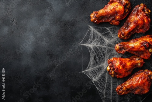 Halloween-themed chicken wings garnished with black spiders and cobwebs. photo