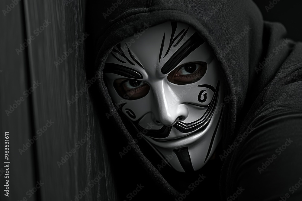 Masked man stepping through a secret doorway hidden behind a bookshelf, his every movement shrouded in secrecy Masked man stepping through a secret doorway hidden behind a bookshelf, his every movement shrouded in secrecy