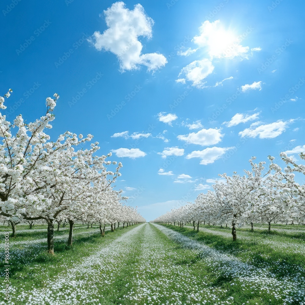 Realistic orchard with blossoming trees and a sunny sky, beautiful and ideal for promotional use Realistic orchard with blossoming trees and a sunny sky, beautiful and ideal for promotional use