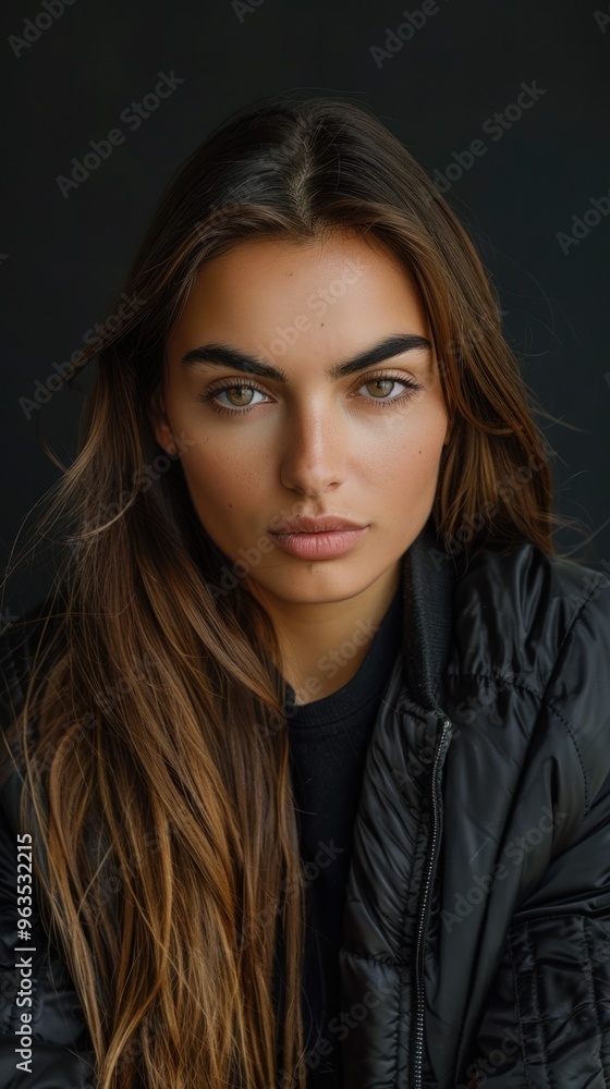Close-up portrait of a woman with long brown hair and a black shirt. Close-up portrait of a woman with long brown hair and a black shirt.