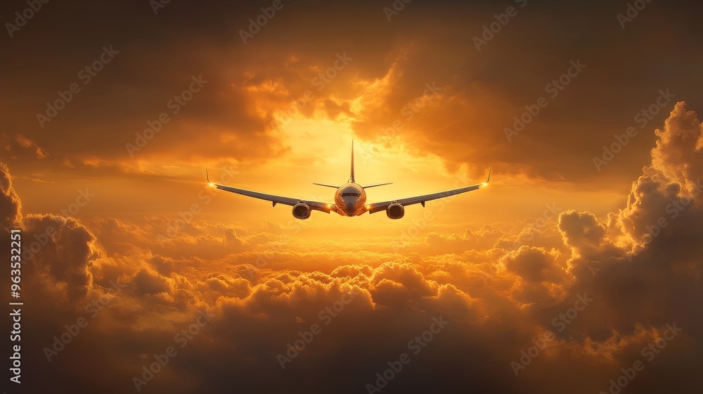 Naklejka premium An airplane soars through a breathtaking sunset, its silhouette outlined against a sky filled with vibrant golden clouds. This image symbolizes freedom, travel, and the pursuit of new horizons.