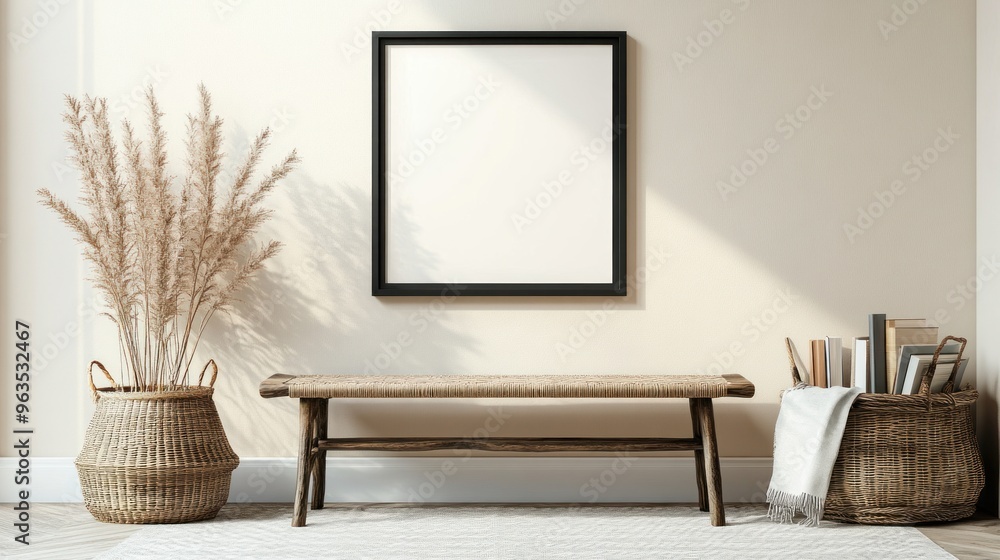 Minimalist Home Decor with Wooden Bench and Wicker Baskets Minimalist Home Decor with Wooden Bench and Wicker Baskets
